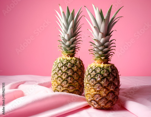 Fresh Pineapples Closeup on Pink Background for Food and Beverage Use photo