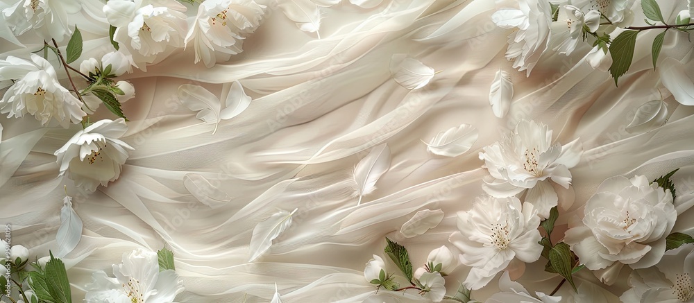 Card featuring delicate flowers and white feathers on fabric. Copy space image. Place for adding text and design Card featuring delicate flowers and white feathers on fabric. Copy space image. Place for adding text and design