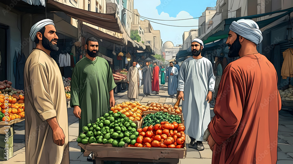 Obraz premium Market scene with men selling fruits in a bustling bazaar.