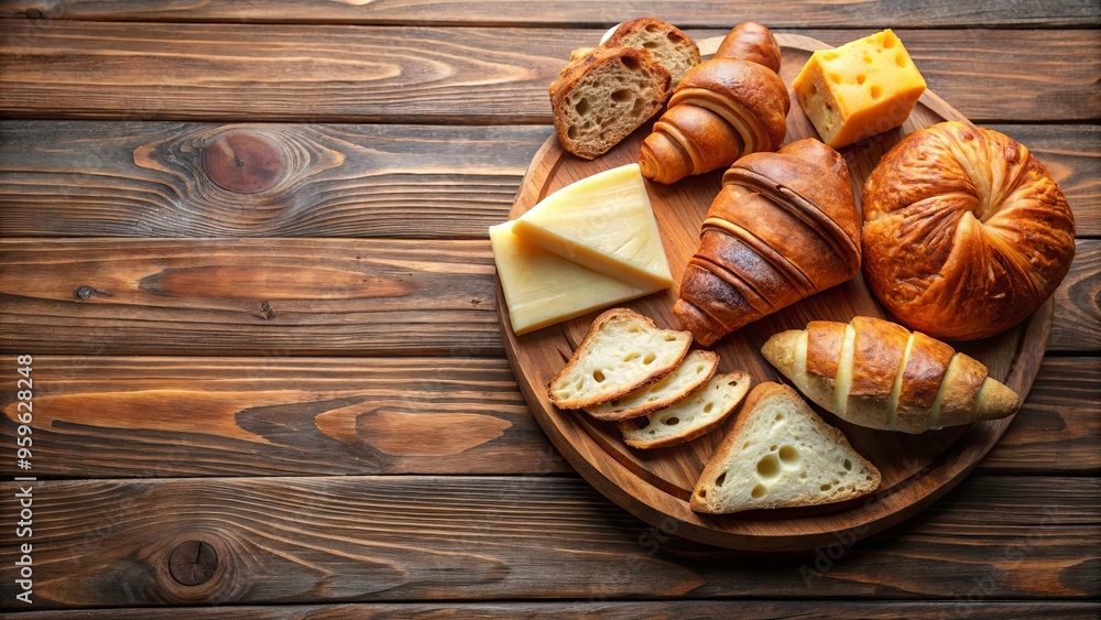 Variety of bread, cheese slices, and croissants arranged on a wooden board Variety of bread, cheese slices, and croissants arranged on a wooden board