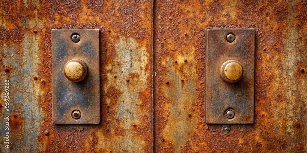 Rusted metal surfaces with knobs on left and right sides