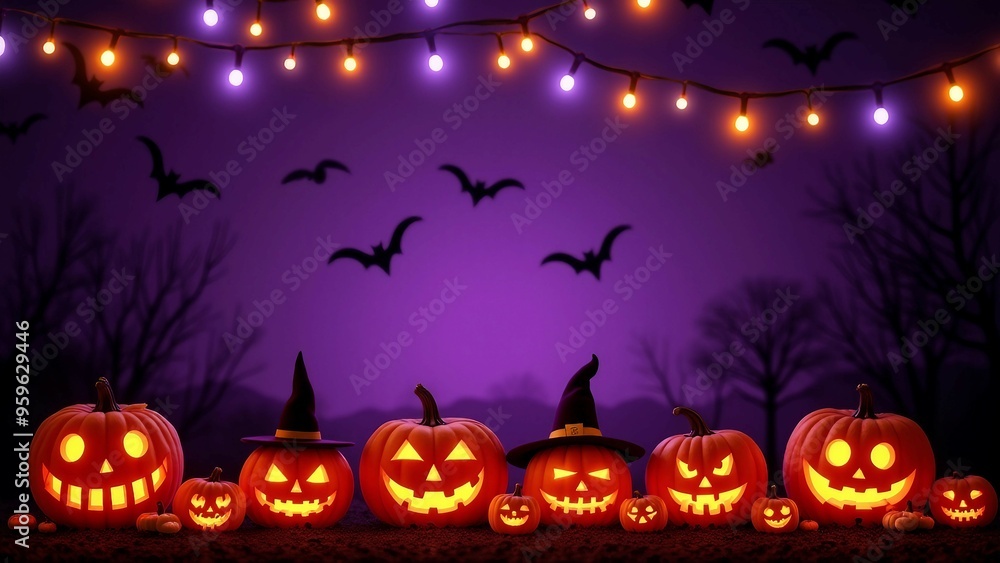 Glowing Jack-o'-Lanterns with Witch Hats in a Spooky Forest Setting Glowing Jack-o'-Lanterns with Witch Hats in a Spooky Forest Setting
