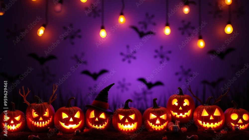 Glowing Jack-o'-Lanterns with Witch Hats in a Spooky Forest Setting Glowing Jack-o'-Lanterns with Witch Hats in a Spooky Forest Setting