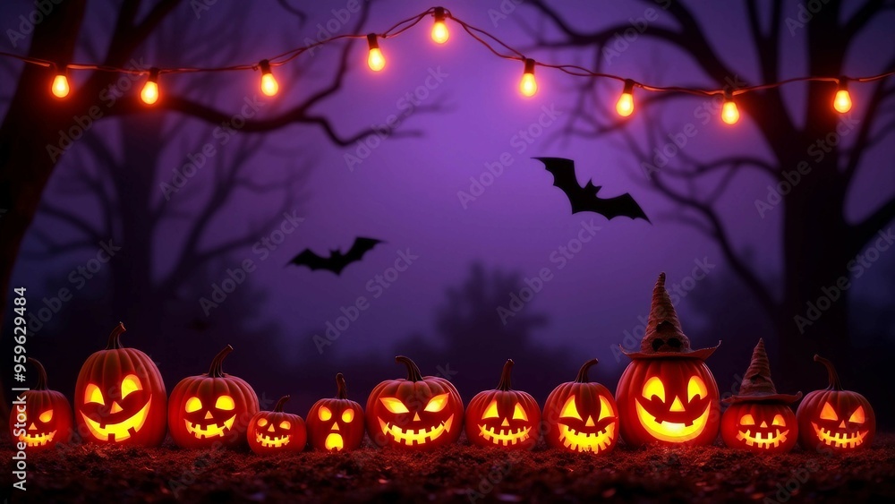 Glowing Jack-o'-Lanterns with Witch Hats in a Spooky Forest Setting Glowing Jack-o'-Lanterns with Witch Hats in a Spooky Forest Setting