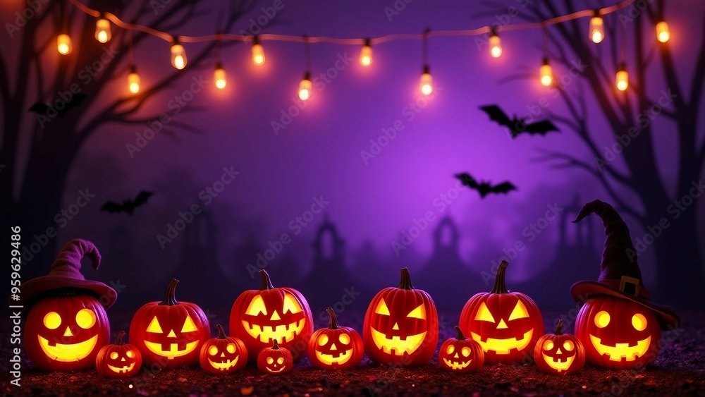 Glowing Jack-o'-Lanterns with Witch Hats in a Spooky Forest Setting Glowing Jack-o'-Lanterns with Witch Hats in a Spooky Forest Setting