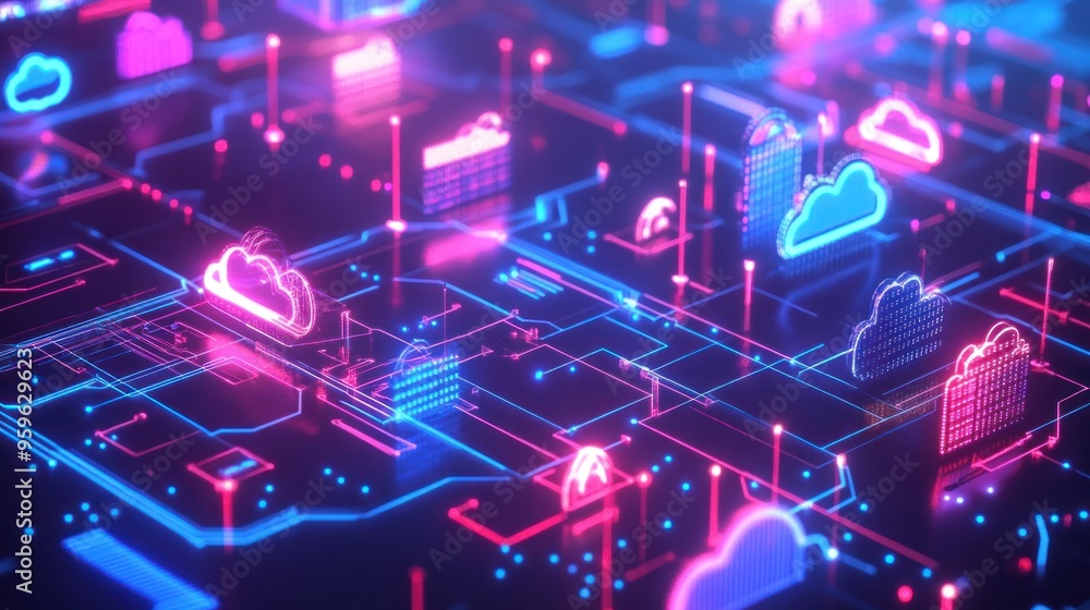 A futuristic digital storage visualization showing interconnected data servers and cloud icons in a holographic design A futuristic digital storage visualization showing interconnected data servers and cloud icons in a holographic design