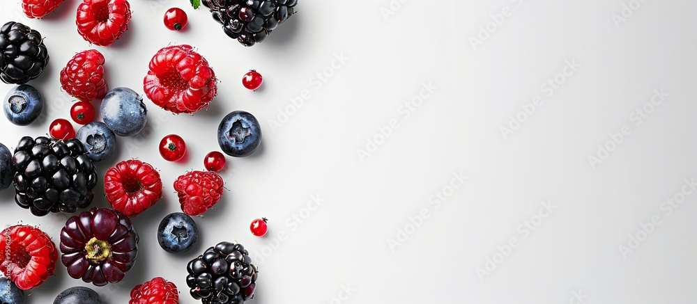 Blackberry blueberry raspberry and black currant isolated on a white background with copy space for your text Top view Flat lay arrangement Blackberry blueberry raspberry and black currant isolated on a white background with copy space for your text Top view Flat lay arrangement