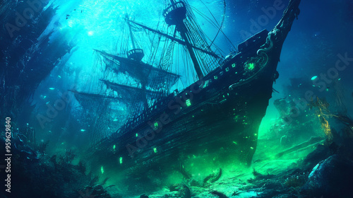 Haunted pirate shipwreck glowing undersea, surrounded by ghostly light and marine life. eerie atmosphere evokes sense of mystery and adventure.