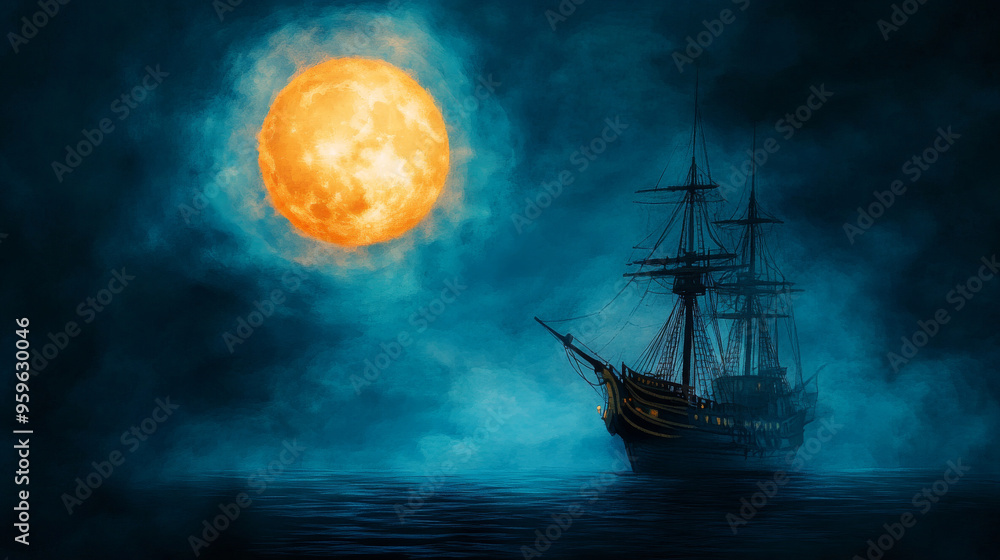 Fototapeta premium A haunted pirate ship sails under ghostly full moon, surrounded by misty waters, evoking sense of mystery and adventure.
