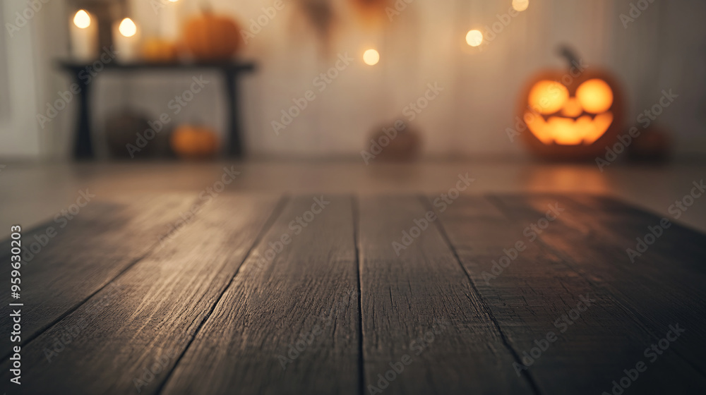The smooth surface of a dark wooden table is prominently displayed, its texture in focus. The background reveals a cozy room, softly blurred, with Halloween decoration a jack-o'-lantern glowing on a The smooth surface of a dark wooden table is prominently displayed, its texture in focus. The background reveals a cozy room, softly blurred, with Halloween decoration a jack-o'-lantern glowing on a