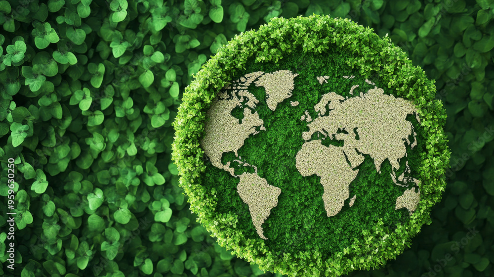 A green globe surrounded by lush foliage symbolizes sustainability and environmental awareness. This image highlights importance of protecting our planet. A green globe surrounded by lush foliage symbolizes sustainability and environmental awareness. This image highlights importance of protecting our planet.