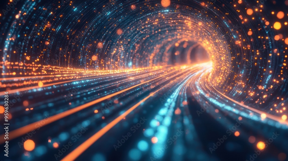 A futuristic visualization of data transfer, with particles moving through a virtual tunnel filled with glowing data streams A futuristic visualization of data transfer, with particles moving through a virtual tunnel filled with glowing data streams