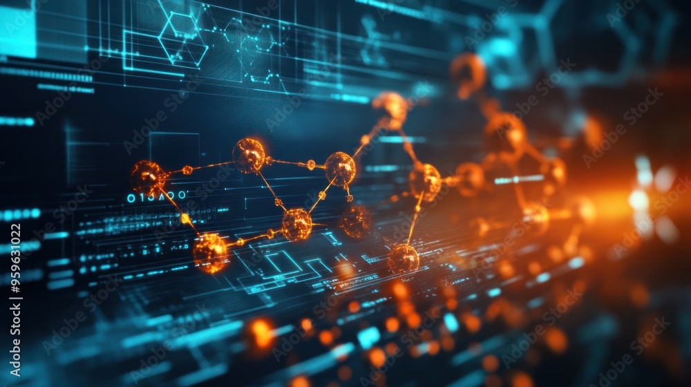 A scientific study graphic illustrating molecular structures and data analysis visuals against a digital, high-tech background A scientific study graphic illustrating molecular structures and data analysis visuals against a digital, high-tech background