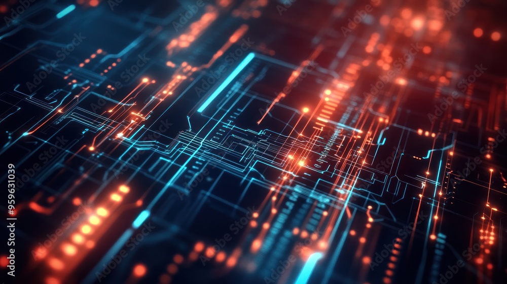 Fototapeta premium A tech background for presentations featuring abstract digital elements like lines, circuits, and binary code on a sleek, dark background