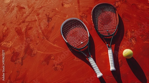 Two tennis rackets and balls on the red court, top view, close-up