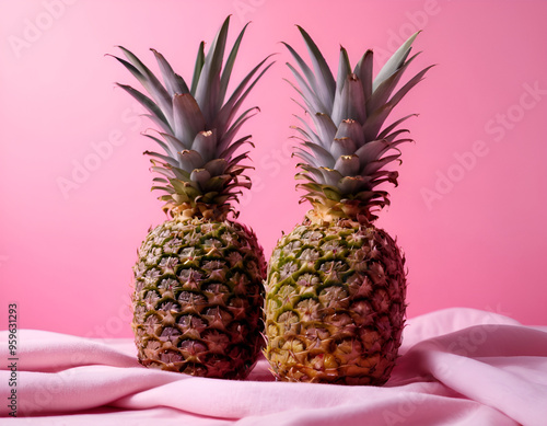 Fresh Pineapples Closeup on Pink Background for Food and Beverage Use photo