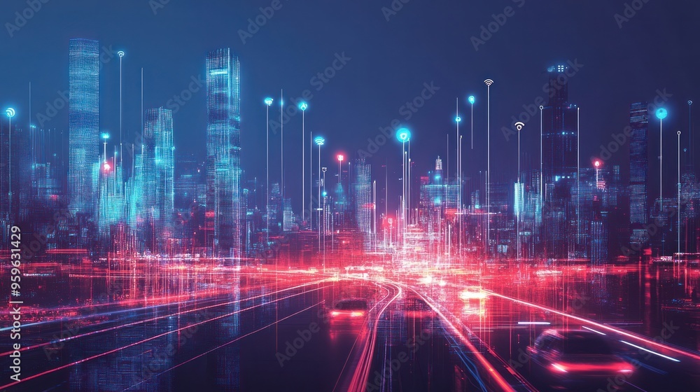An abstract digital graphic of IoT connectivity, featuring a cityscape with digital signals connecting smart homes and vehicles An abstract digital graphic of IoT connectivity, featuring a cityscape with digital signals connecting smart homes and vehicles