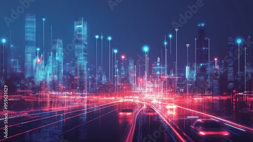 An abstract digital graphic of IoT connectivity, featuring a cityscape with digital signals connecting smart homes and vehicles