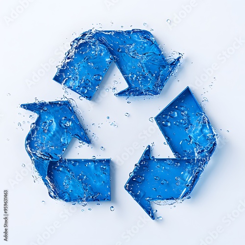 Recycling Logo with Water Droplets: A clean, modern recycling logo composed of blue arrows and water droplets, emphasizing water conservation. photo