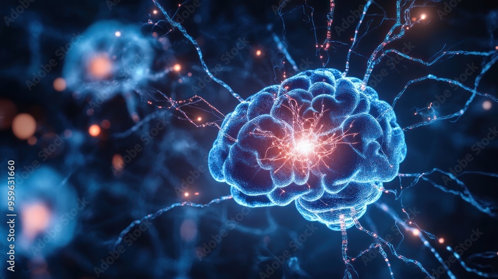 An abstract neural network design with electrical impulses traveling through a digital brain structure, set against a dark background An abstract neural network design with electrical impulses traveling through a digital brain structure, set against a dark background