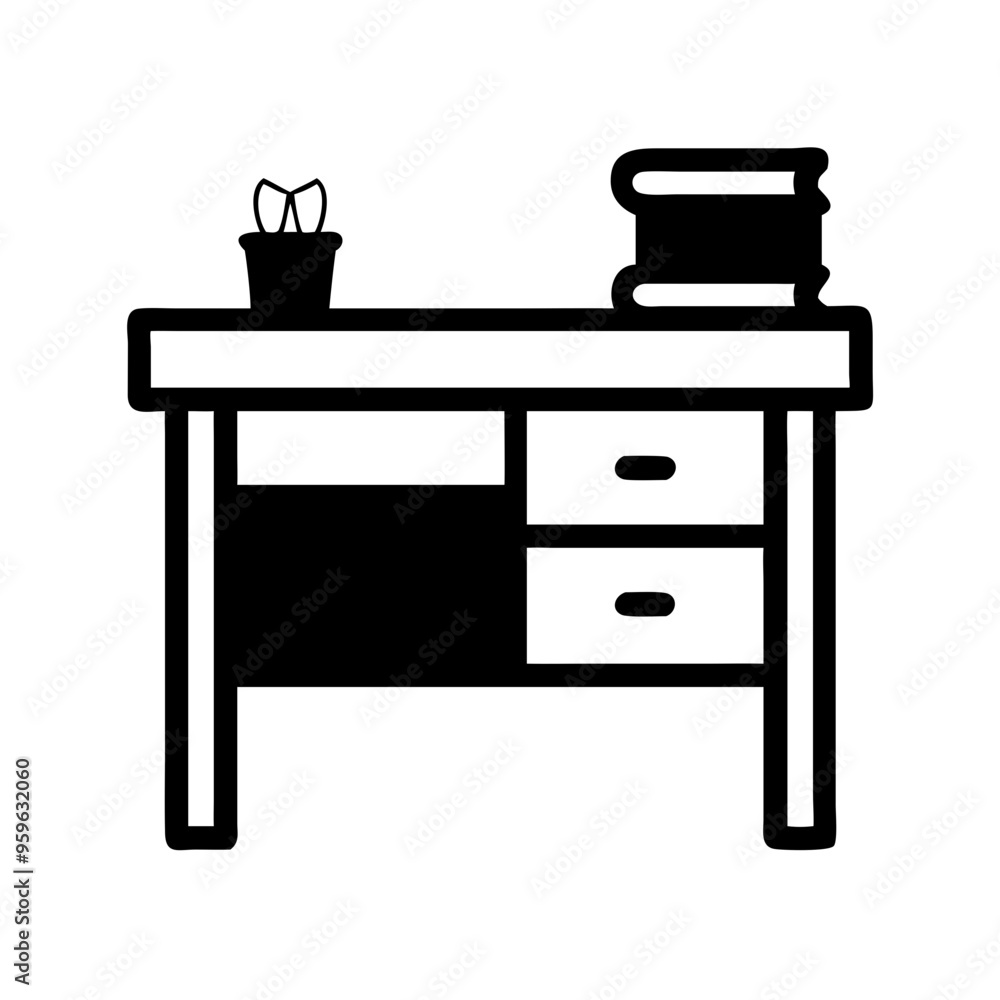 Simple desk with plant and books, black and white minimalistic office design Simple desk with plant and books, black and white minimalistic office design