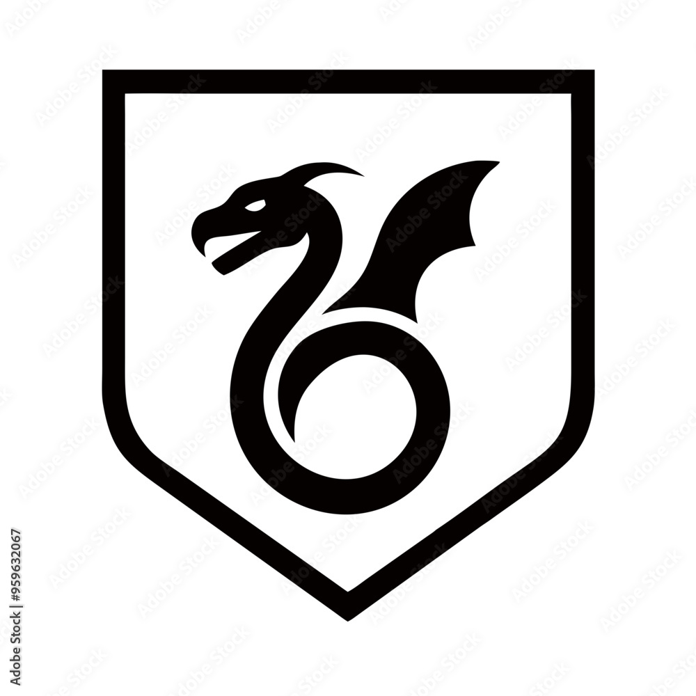 Naklejka premium Dragon emblem in shield outline, black and white, fantasy concept