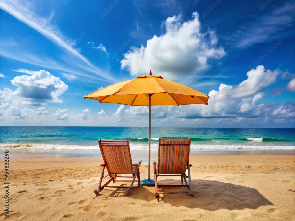 A serene beach scene unfolds, featuring a colorful umbrella and lounging chairs nestled in the warm sand, with the vast ocean stretching out in the distance.