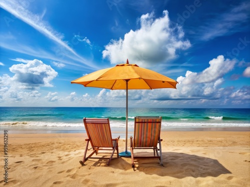 A serene beach scene unfolds, featuring a colorful umbrella and lounging chairs nestled in the warm sand, with the vast ocean stretching out in the distance.