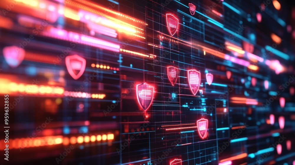 An illustration of a digital firewall with layers of glowing grids and shield icons, representing cybersecurity defense An illustration of a digital firewall with layers of glowing grids and shield icons, representing cybersecurity defense