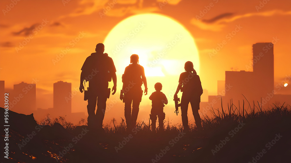 Silhouette of four figures against a sunset backdrop in an urban setting. Silhouette of four figures against a sunset backdrop in an urban setting.