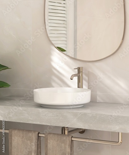Obraz na plátne White round ceramic washbasin, chrome faucet, mirror on gray marble stone vanity