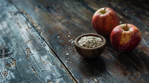 wooden table with a bowl of oat and two apples