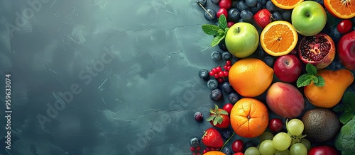 Fototapeta Naklejka Na Ścianę i Meble -  A pile of fruits on the table Top view. Copy space image. Place for adding text and design