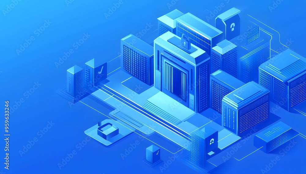Isometric Illustration of a Blue Cityscape with Security Lock Symbols Isometric Illustration of a Blue Cityscape with Security Lock Symbols