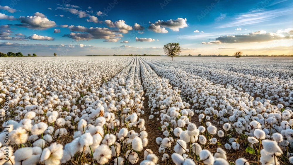 Vast cotton field in rural landscape with fluffy white plants Vast cotton field in rural landscape with fluffy white plants