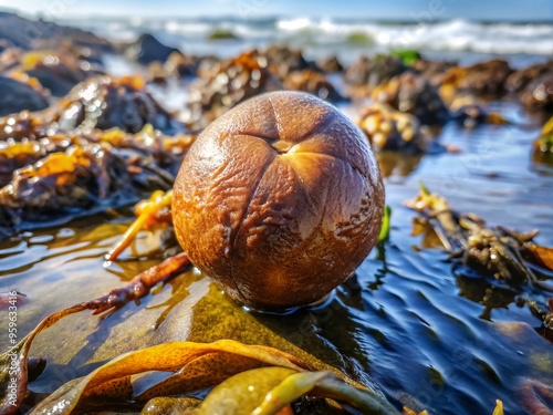 A photo image of a rounded, brownish-black fruit with a rough, wrinkled skin and a distinctive suture running along its equator, partially submerged in seaweed. photo