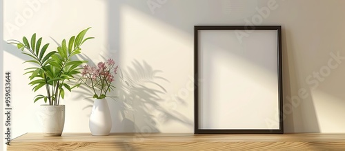 Stylish room interior featuring a mockup photo frame on a wooden shelf alongside a house plant. Copy space image. Place for adding text and design