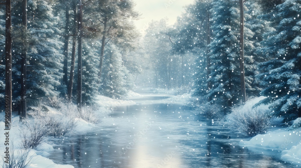 A snowy river flows through a winter forest. A snowy river flows through a winter forest.