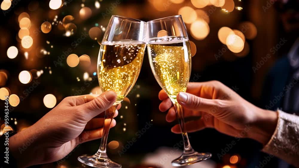 Festive celebration with toasting champagne glasses and bokeh lights Festive celebration with toasting champagne glasses and bokeh lights