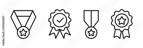 Medal icon, symbol. Badge with ribbons, winning award, certified medal. Vector
