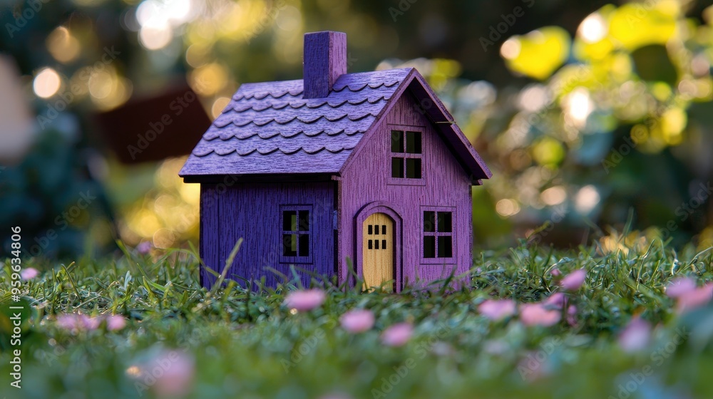 Wooden house model on the grass in garden. Wooden house model on the grass in garden.