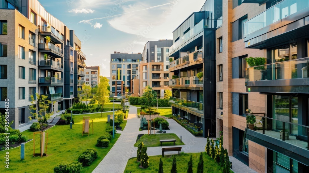 Modern apartment buildings in a green residential area in the city. Modern apartment buildings in a green residential area in the city.