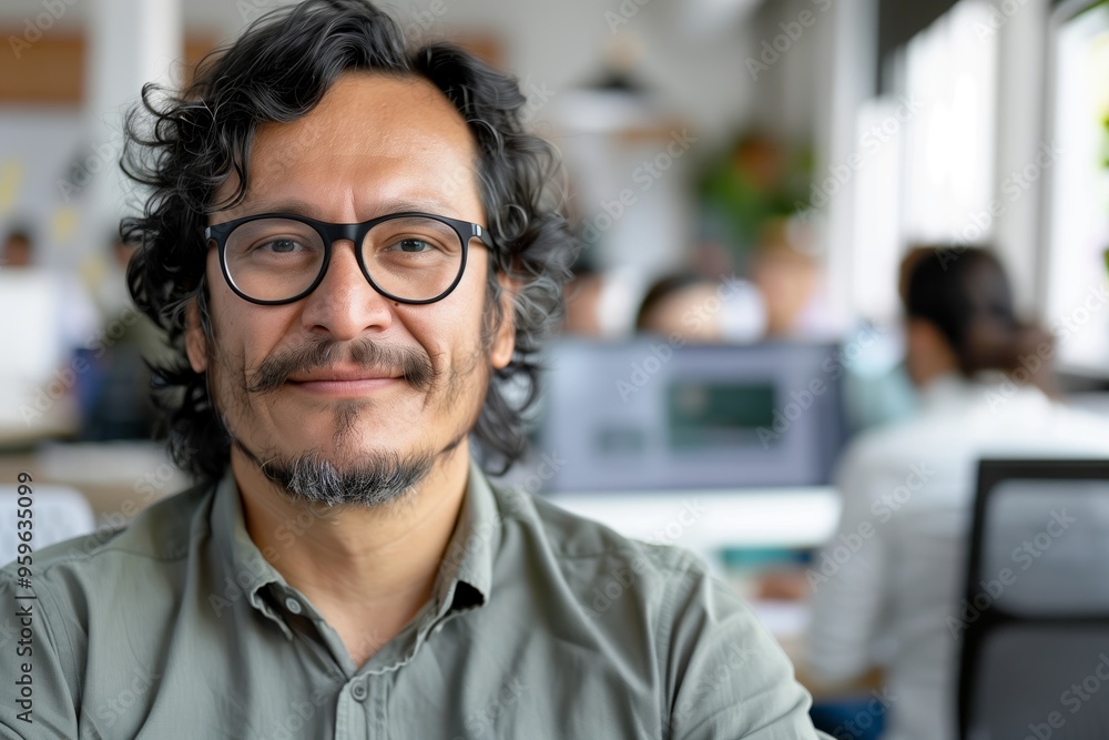 Portrait of a Latino businessman with glasses is smiling at the camera in the foreground. In the background, out of focus, the office with his team working can be seen. Portrait of a Latino businessman with glasses is smiling at the camera in the foreground. In the background, out of focus, the office with his team working can be seen.