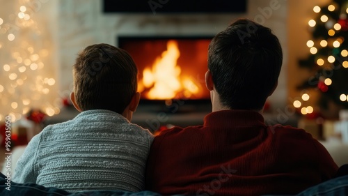 A Christmas Eve tradition of watching classic holiday movies by the fire photo