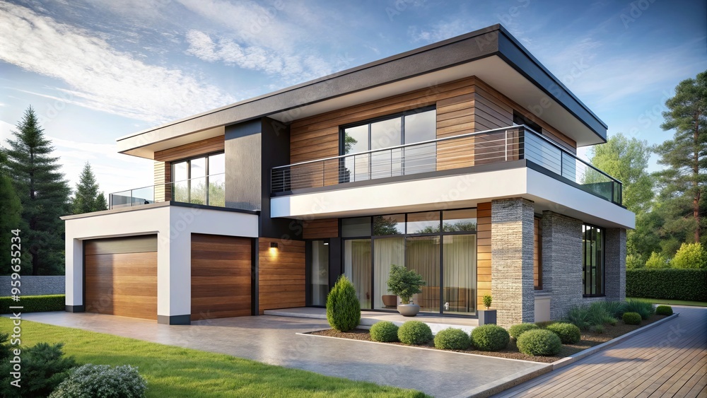 Modern two-storey house with spacious, flat-roof design and large windows, perfect for contemporary living Modern two-storey house with spacious, flat-roof design and large windows, perfect for contemporary living
