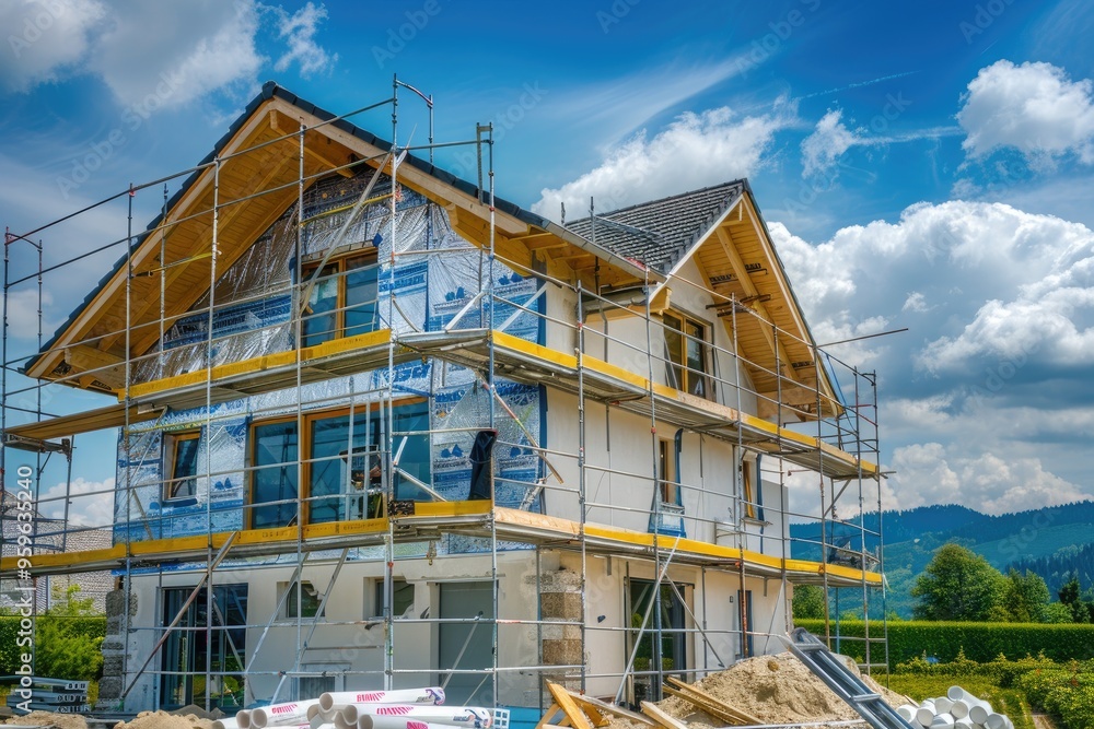 Exterior view of a new house in scaffolding under construction and painting. Exterior view of a new house in scaffolding under construction and painting.