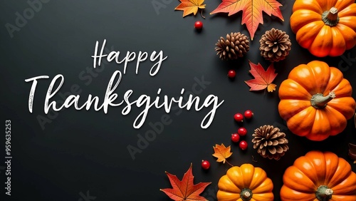 Thanksgiving Flat Lay with Pumpkins, Pinecones, and Leaves on Dark Background