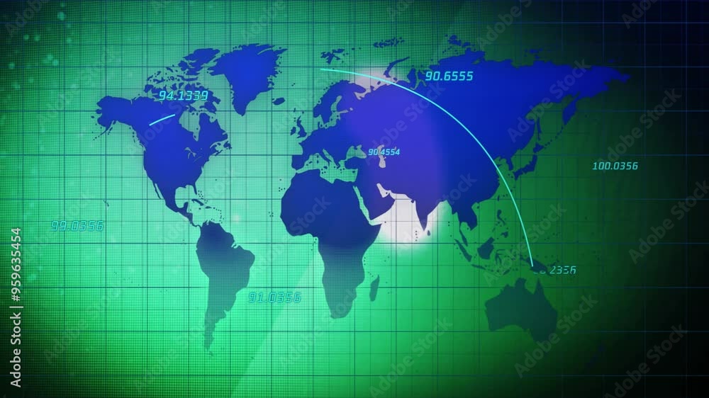 Global coordinates and data points animation over world map with green grid background Global coordinates and data points animation over world map with green grid background