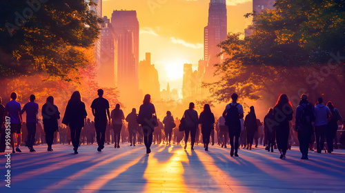 Silhouettes of people walki...