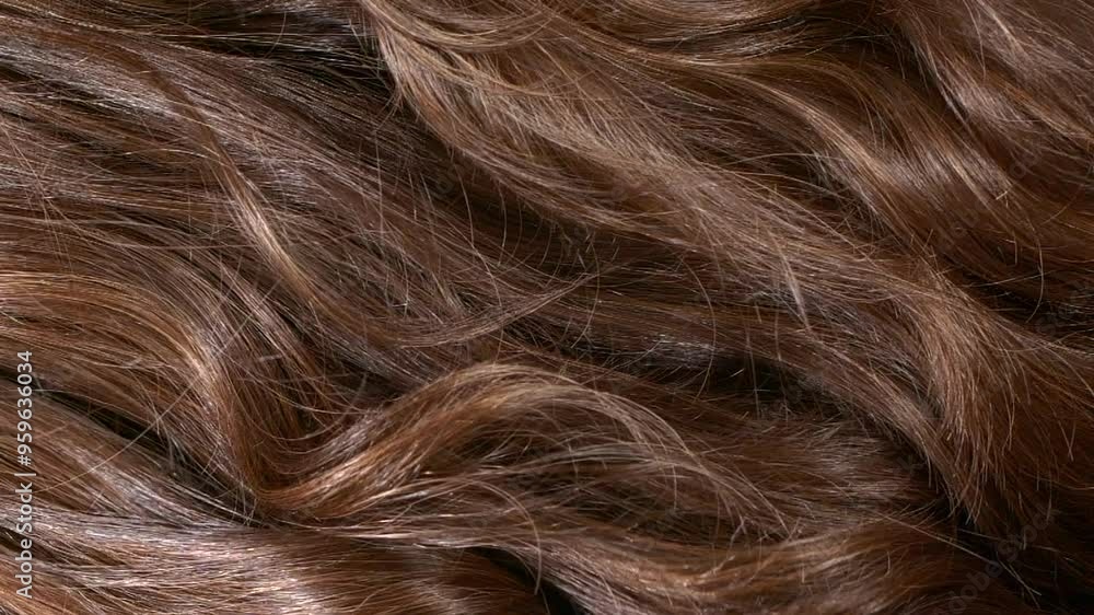 Close-up brown curly hair texture, female long hair background in slow motion Close-up brown curly hair texture, female long hair background in slow motion
